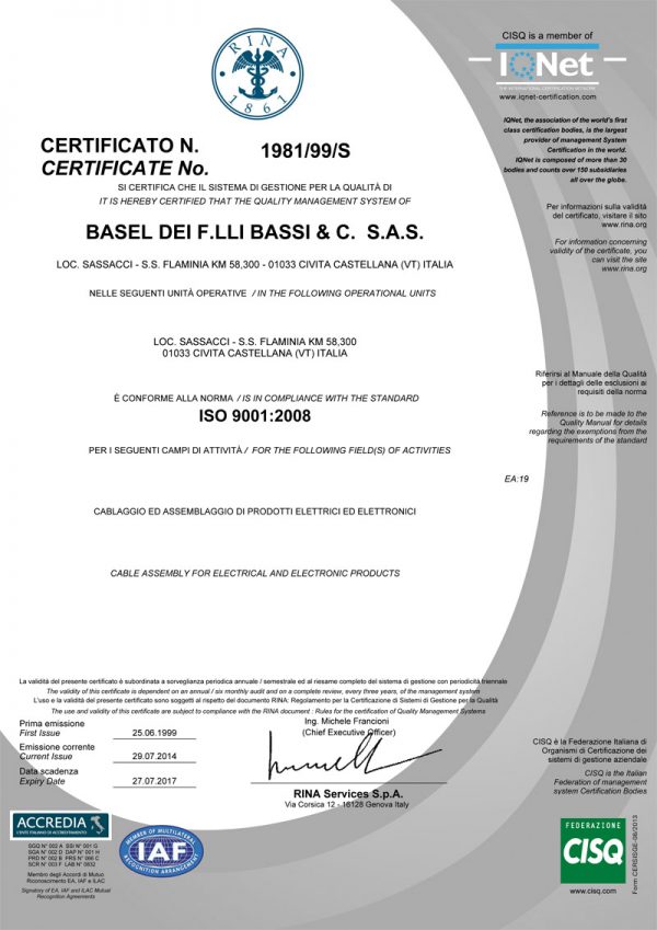 Basel certificato RINA